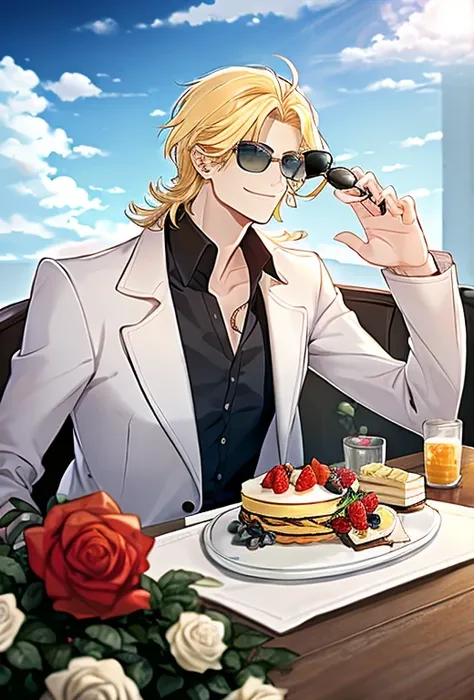 food, solo, cake, male focus, 1boy, blonde hair, shirt, flower, rose, jewelry, looking at viewer, smile, cup, eyewear on head, long sleeves, necklace, fruit, table, black shirt, holding, white rose, sunglasses, strawberry, upper body, blue eyes, white flow...