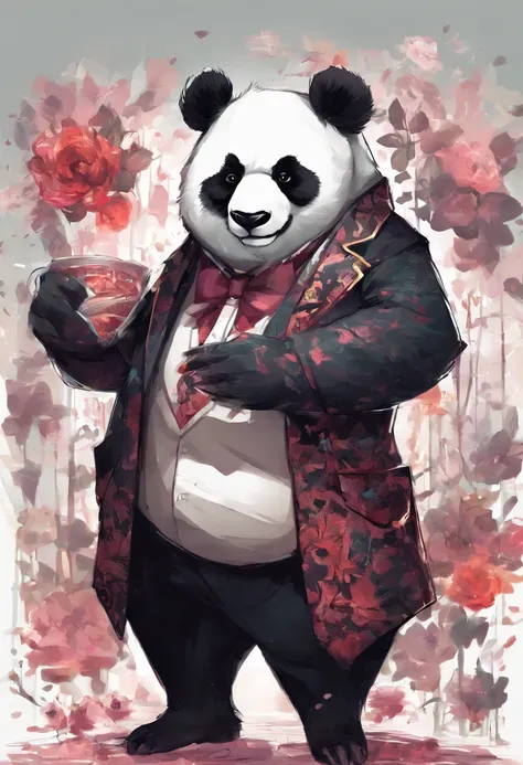 anthropomorphic panda, de cuerpo entero, vestido formalmente con un blazer, sostiene una bandeja, pegatina de panda, sticker de panda.