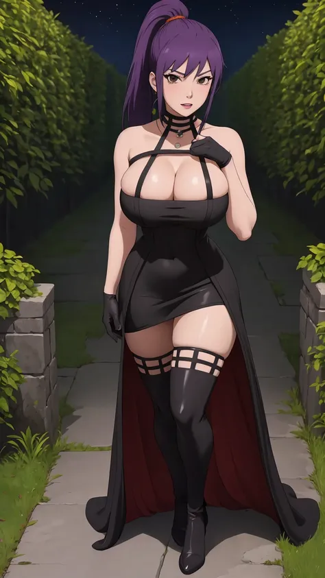 masterpiece, best quality, extremely detail 8k cg, high resolution, 1girl, yuugao, solo, purple hair, long hair, sidelocks, ponytail, brown eyes, perfect eyes, slim body, huge breasts, bursting breasts, standing, black dress, black thighhighs, black gloves...