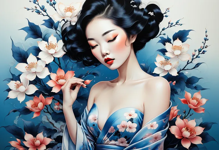 chiaroscuro technique on sensual illustration of an elegant vietnamese  , retro and vintage ,silky flower around body, matte pai...