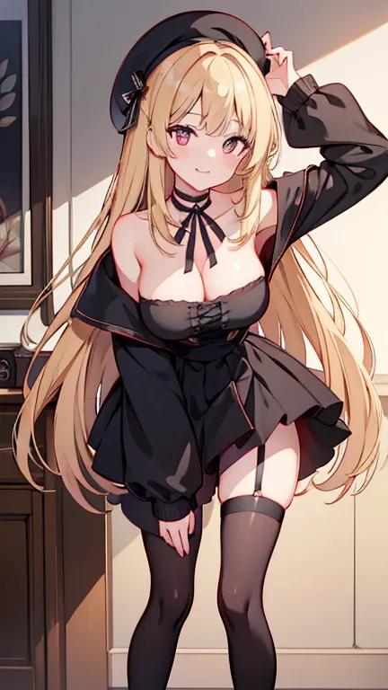 ((highest quality)), ((masterpiece)), (Become familiar with), Perfect Face,Light golden hair,Medium Long Hair,grated bangs,eyes without highlights,Desaturated crimson eyes,Drooping eyes,Grinning,beret,Black choker,tall,slender,Big Breasts,Off-the-shoulder ...