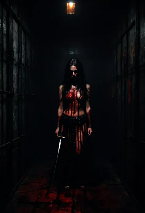 a sataniv young demonic creepy girl locked in a dark and dirty cell, full body, holding a bloody knife, horror, thick strokes, i...