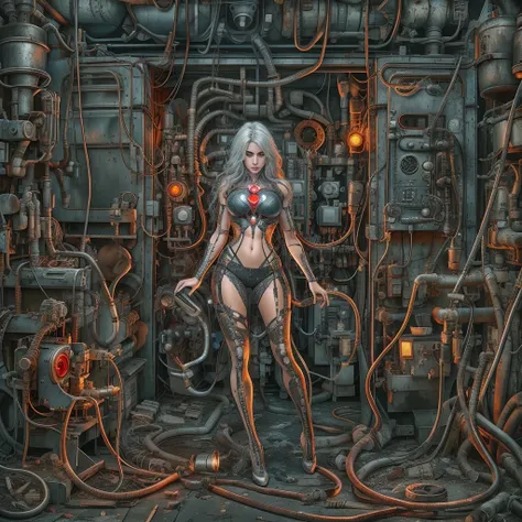 Darkness, horror, experiments, factories, sparks, (anatomy: 1.3) (damage: 1.2) (machine: 1.1) (woman with perfect body, full chest) has gray hair and beautiful, detailed red eyes. He has one (machine (heart: 1.1) and one (dirty face: 1.2), exposed wires an...