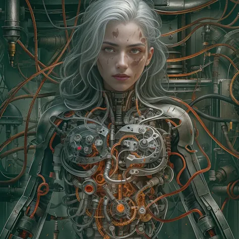 Darkness, horror, experiments, factories, sparks, (anatomy: 1.3) (damage: 1.2) (machine: 1.1) (woman with perfect body, full chest) has gray hair and beautiful, detailed red eyes. He has one (machine (heart: 1.1) and one (dirty face: 1.2), exposed wires an...