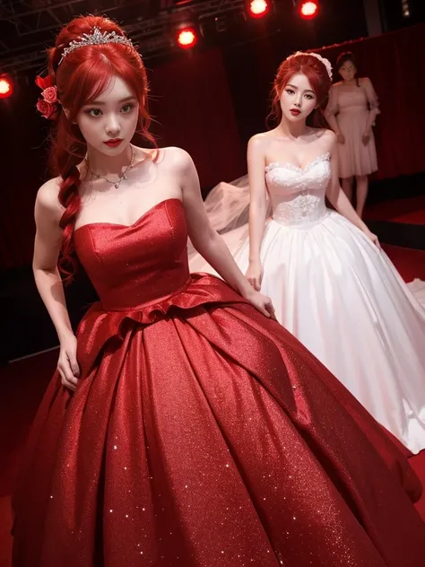 rose ruffle wedding dress、Idol、red hair、red glitter eyeshadow、red dress、rose motif dress、japanese hairstyle、a gorgeous stage、acting xxx、red light、top quality