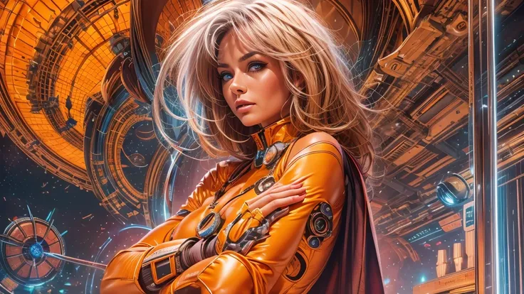 arafed image of a woman in a futuristic suit with a spaceship in the background, movie art, in front of an orange background, inspired by Robert McGinnis, female protagonist, megastructure in the background, portrait of an ai astronaut, astronauts, an astr...