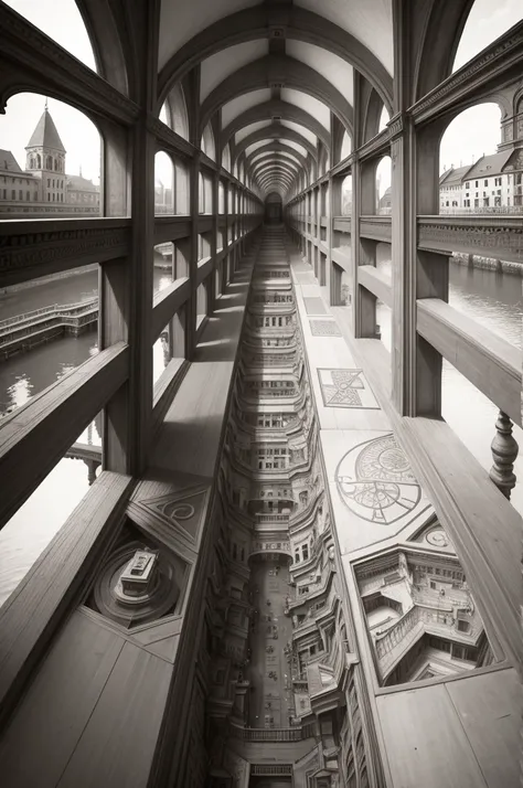 Trick Art、Escher、There are many bridges、Ultra-wide-angle lens、Looking up from below