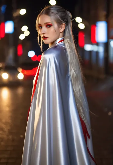 (RAW Photo) , (highly detailed:1.20) , ultra realistic :1.10) ,sexy girl in her 20s , (perfect face:1.20) , (detailed red eyes:1.20) , with long silver hair in ponytail , (((long silver satin cape tied at the neck with a ribbon :1.20))) , naked  , full bod...