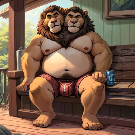 solo, lion, two headed, conjoined, identical, masculine, overweight:1.4, obese, fat, belly, chubby, dadbod, adult, mature, older man, (by rembrandt:1.7, by dramamine), pixar:1.1, by dreamworks, by disney:1.1, porch background, (shirtless, boxers, bulge), n...