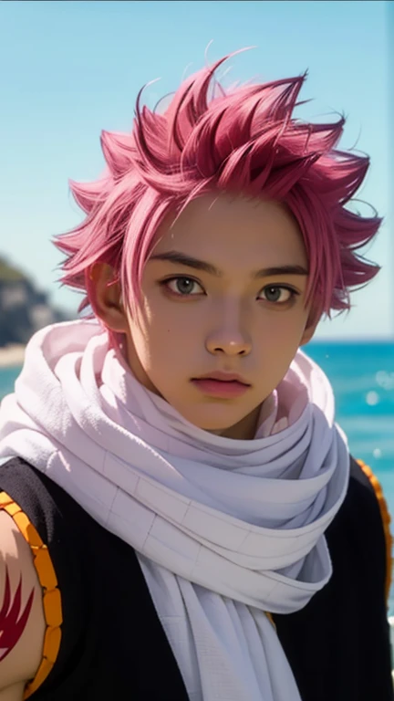 masterpiece, best quality, high quality, 1boy, solo, male focus, looking at viewer, upper body, natsu_dragneel, pink hair, hyper detail, sea background