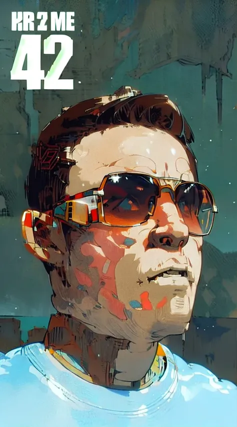 a nice guy portrait, in sunglases, standing in desert, clouds, cyberpunk, mecha, gandam, robots, glam, post apocaliptic world, b...