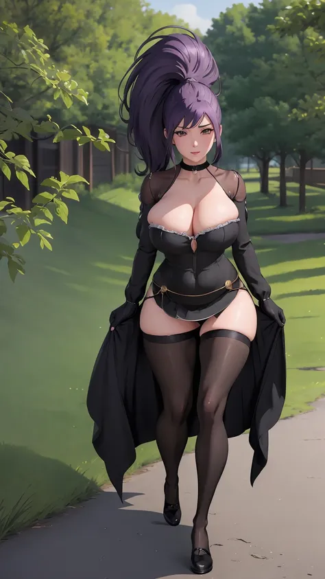 masterpiece, best quality, extremely detail 8k cg, high resolution, 1girl, yuugao, solo, purple hair, long hair, sidelocks, ponytail, brown eyes, perfect eyes, slim body, huge breasts, bursting breasts, lacasindress, black thighhighs, cleavage, outdoors, g...