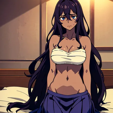 In the dimly lit room, an anime-style depiction of a dark-skinned girl lies in agony on her bed. Her lithe figure is clad in a cami crop top that exposes her slim, starved stomach, the ribs beneath visible through the thin fabric. Her long skirt hangs loos...