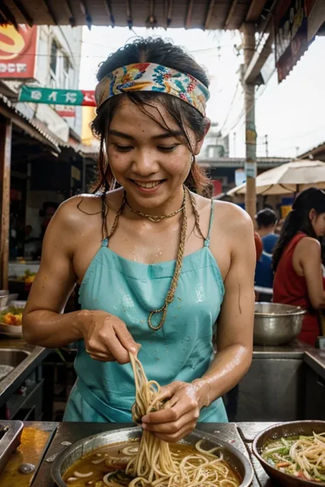 Iconic Malaysian dishes, a vibrant Malaysian Penang Hawker center food scene with laksa taking center stage, a raining ((water)) bustling market atmosphere with skilled cute messy shirtless female vendor, eating noodle drinking water, wearing wet white ban...