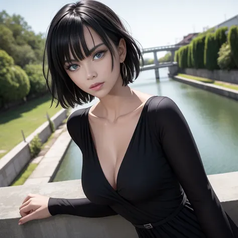 masterpiece, best quality, detailed face, fubuki, black hair, black dress, pelvic curtain, posing on a bridge, looking at viewer...