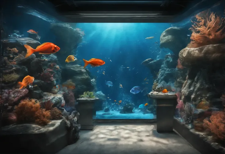 There are no characters，Close shot，Aquarium，Blue ocean in the glass，night. 3D 4K Wallpaper. Undersea tunnels，The incredible blue oceanarium has many orange-red fish.