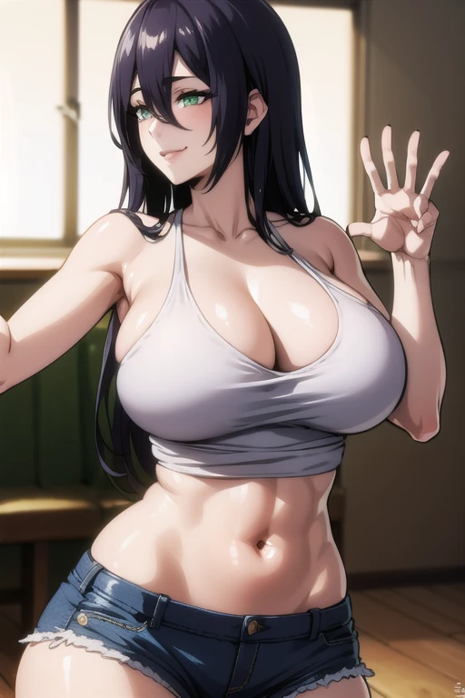 young women,large breast,beautiful face,long hair, shiny hair, green eyes,high detailed,black hair, hair over one eye,masterpiece,perfect anatomy,sexy smile, deep cleavage,tank top,shorts,date event,looking at espectator,dynamic pose,
