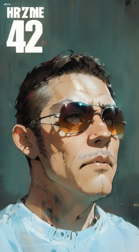 a nice guy portrait, in sunglases, standing in desert, clouds, cyberpunk, mecha, gandam, robots, glam, post apocaliptic world, blade runner inspired, anime, manga style