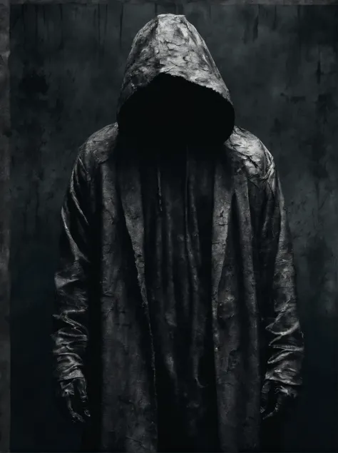 Create an ultra-wide photo of a decrepit zombie wearing an Adidas coat and hood., on an abstract background. The overall style of the image should be minimalistic with a touch of Artgem.. The zombie should be depicted in a decrepit and corpse style., with ...