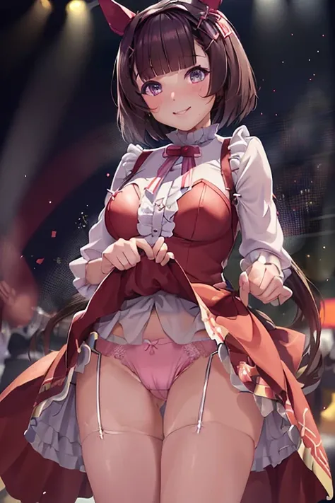 (sexy dance show:1.2),(show off micro panties,skirt lift herself:1.5),nishino flower (umamusume),good anatomy, masterpiece, best quality,realistic, hyperrealistic, 16k hdr,(red blush,smile:1.2),(Live Stage:1.3),(see through gorgeous costume:1.2),Stage cost...