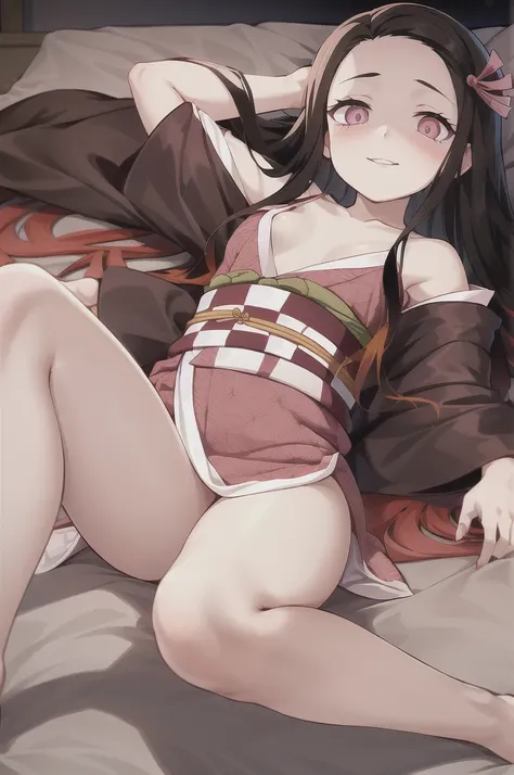 kamado nezuko, laying on the bed, small breasts (legs open), 1girl, slit pupils, ((aged up)), brown hair, gradient hair, japanese clothes, kimono, long hair, multicolored hair, night, obi, pink kimonos, 