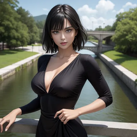 masterpiece, best quality, detailed face, fubuki, black hair, black dress, pelvic curtain, posing on a bridge, looking at viewer...