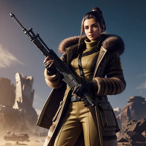 In a futuristic world, a young woman in a luxurious fur coat, tightly holding a powerful rifle in her hands. This concept art from Senior Character Artist brings Loba Andrade from Apex Legends to life, combining advanced technology and human resilience int...