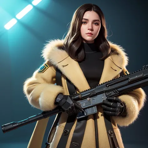 In a futuristic world, a young woman in a luxurious fur coat, tightly holding a powerful rifle in her hands. This concept art from Senior Character Artist brings Loba Andrade from Apex Legends to life, combining advanced technology and human resilience int...