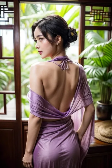 Indonesian short-haired girl、Cinematic silhouettes wearing authentic costumes posing with their backs to the camera。, Sexy Balinese traditional costume, The top is slightly open、Comes with a brown and purple shawl, It&#39;s located in the living room、There...