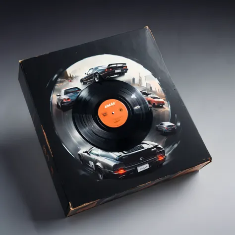 Black vinyl record cover design, packaging box design, minimalism art, a high speed car, Motion Blur, (masterpiece, best quality, Professional, perfect composition, very aesthetic, absurdres, ultra-detailed, intricate details:1.3)