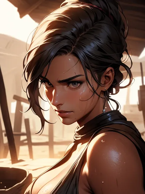 Masterpiece, digital artwork, A beautiful gorgeous sweaty blacksmith woman, perfect face, sharp nose, full lips, topless, dynamic volumetric cinematic lighting, highly detailed, intricately detailed, 