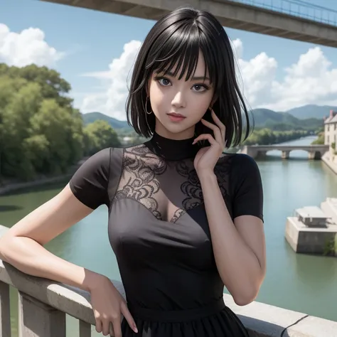 Masterpiece, best quality, detailed face, Fubuki, black hair, black dress, pelvic curtain, posing on a bridge, looking at viewer, neutral face, perfect hands