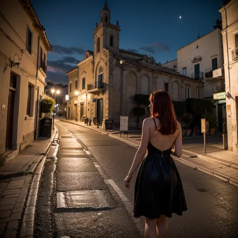 sassi_di_matera, (a religious Italian woman climbs a country road towards a church in the hills), a church at the top of the hill, ((gorgeous Lady walking in the streets of Matera. 1woman redhead wearing a night black dress with open back)), atmospheric ol...