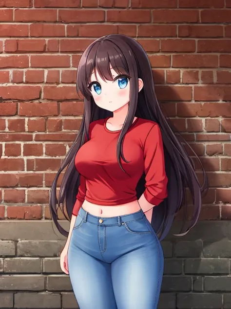 A Pretty Girl, with Long brunette hair, Beautiful Blue Eyes, absurdly Big Breasted, very wide hips, and has a very short stature. In a casual, old, worn, outfit, with very worn jeans, and a solid Red shirt. standing near a brick wall, in a small city.