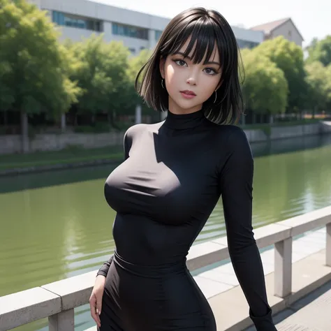 masterpiece, best quality, detailed face, fubuki, black hair, black dress, pelvic curtain, posing on a bridge, looking at viewer...