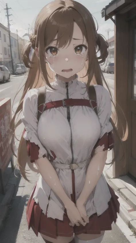 masterpiece, highest quality, High resolution, Ah ah, Long Hair, brown hair, Braiding, Brown eyes, Exposing shoulders, armor, breastplate, White sleeves, Removable sleeves, Red Skirt, Pleated skirt, White knee socks, Are standing, Cowboy Shot, Outdoor, Cry...