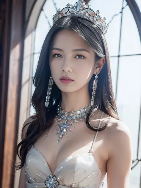 (masterpiece, best quality: 1.4), Detailed background, White crystal, crystal cluster,long hair,jewelry, earrings, necklace, crown, bride, small breasts