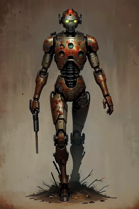 robot, military, Soviet, automaton, zombie, infected robot, fungus, solo, simple background, infected, sickly, rust, rusty, rust on body, 