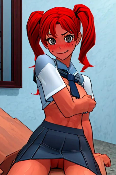 Twintail, red haired, 1girl, (grey eyes:1.5), well toned, well built, muscled, toned muscles, blushing, sweating, smiling, school skirt, lifting skirt, shoving pussy, looking at pov, (sitting on povs hip:1.1), (riding a mans dick full penetration:1.1), unf...