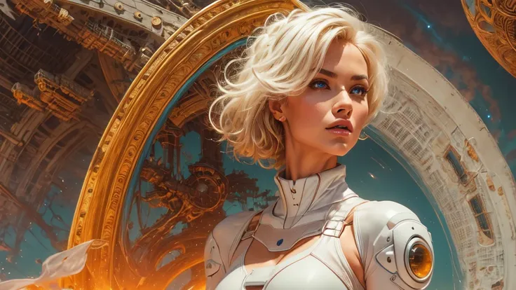 arafed image of a white woman in a futuristic suit with a spaceship in the background, movie art, in front of an orange background, inspired by Robert McGinnis, female protagonist, megastructure in the background, portrait of an ai astronaut, astronauts, a...