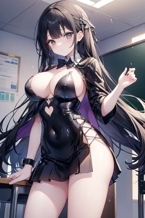 Italian girl, with very long black hair, 25 years old, hyper super gigantic breasts, thin, has wet breasts, wears a torn tight blouse that does not contain the breasts and a pleated black miniskirt, , inside a school classroom