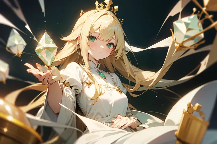 thin blonde hair、Green Eyes、Long Hair、White Dress、crown、gem、princess、inflammation、mysterious