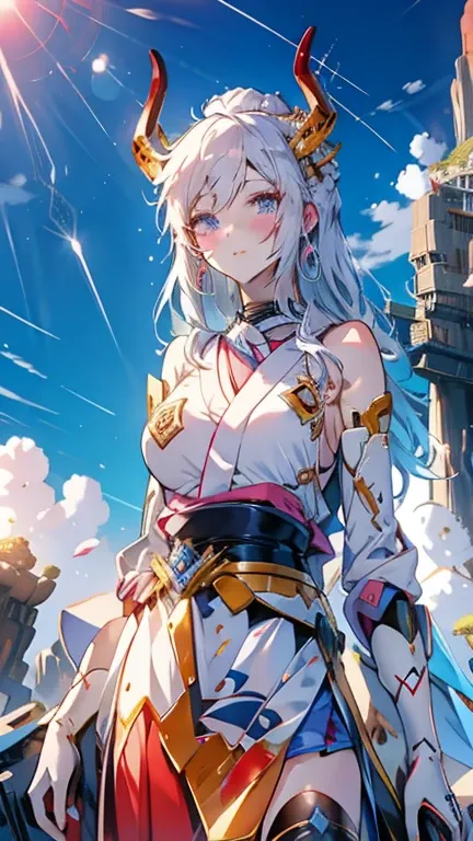 a blue hair、Woman with horns standing in front of the mountain, Keqing from genshin impact, anime goddess, White-haired deity, detailed anime character art, Ayaka Genshin Impact, anime character art, High-quality anime art style, Cute anime girl in a beaut...