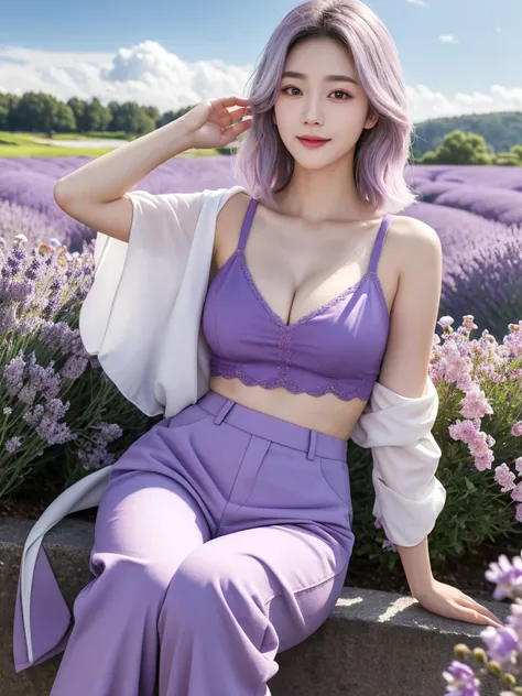 masterpiece， Huang Li， Fruit ice（Boruto）， 1 girl， Solitary，Mature female， Purple suspender skirt，cleveage，Large Breasts，Cleavage，brown pants，appearance，Lavender flower field， Looking at the audience， （Cloudy sky like falling petals， Perfect composition， De...