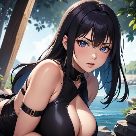 La kunoichi es una mujer hermosa y seductora, con una figura esbelta y curvas bien definidas. Sus ojos verdes brillan con una mirada traviesa y su cabello oscuro cae en suaves ondas sobre sus hombros. Su piel es suave y delicada, and her mouth is adorned w...