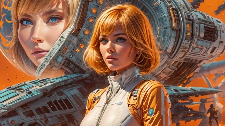 arafed image of a white woman in a futuristic suit with a spaceship in the background, movie art, in front of an orange background, inspired by Robert McGinnis, female protagonist, megastructure in the background, portrait of an ai astronaut, astronauts, a...