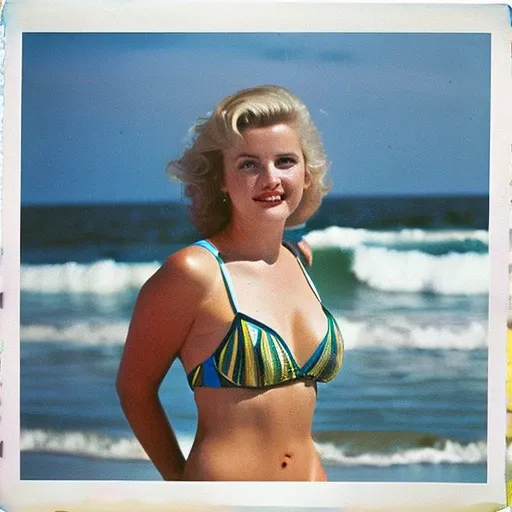 Arafed woman in bikini standing on the beach near the ocean, marilyn monroe, 1 9 9 3 Foto de la revista Life, in retro swimsuit, retrato de marilyn monroe, vintage color photo, Virgen, retrato de marilyn monroe, 1 9 9 9 Foto de la revista Life, bikini mode...