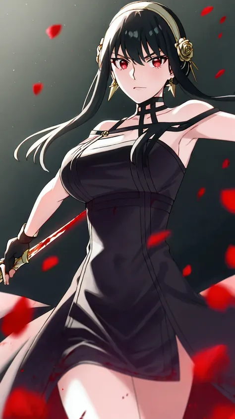 yor briar,

1girl, backlighting, bare shoulders, black background, black dress, black gloves, black hair, blood, blood on face, blood on weapon, breasts, closed mouth, cowboy shot, dress, earrings, expressionless, fingerless gloves, floating hair, floral p...