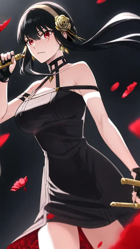 yor briar,

1girl, backlighting, bare shoulders, black background, black dress, black gloves, black hair, blood, blood on face, blood on weapon, breasts, closed mouth, cowboy shot, dress, earrings, expressionless, fingerless gloves, floating hair, floral p...