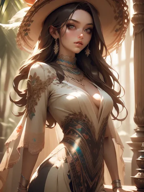 Plano General,Unreal Engine:1.4,Ultra-Real CG K, Realistic:1.4, Skin Texture:1.4, masterpiece:1.4,Beautiful woman in a hippie style hat, Bang Hippie Bohemian:1.7,Long-haired、Hippie clothes in different colors, 32k.